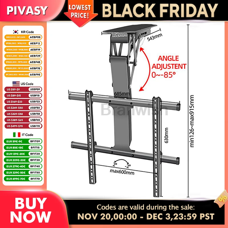 55-Zoll-TV-Rack LBS 35 kg TV-Ständer 0-85 ° Verstellbarer, kaltgewalzter Stahl-TV-Lift, TV-Unterstützung, Wandhalterung für Zuhause