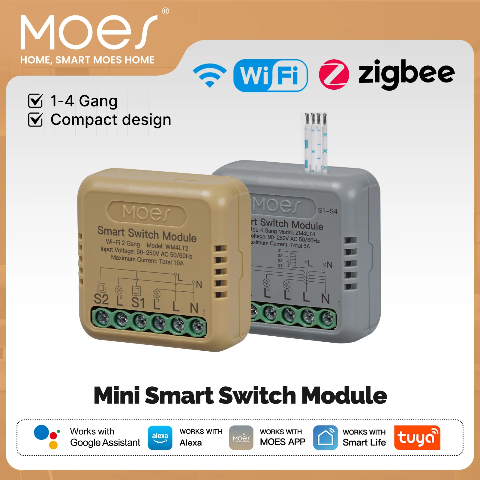 MOES Tuya Smart Mini Switch Modul WiFi ZigBee 1-4 Gang DIY Timer Home Automation Funktioniert mit Alexa Google Home Assistant Image