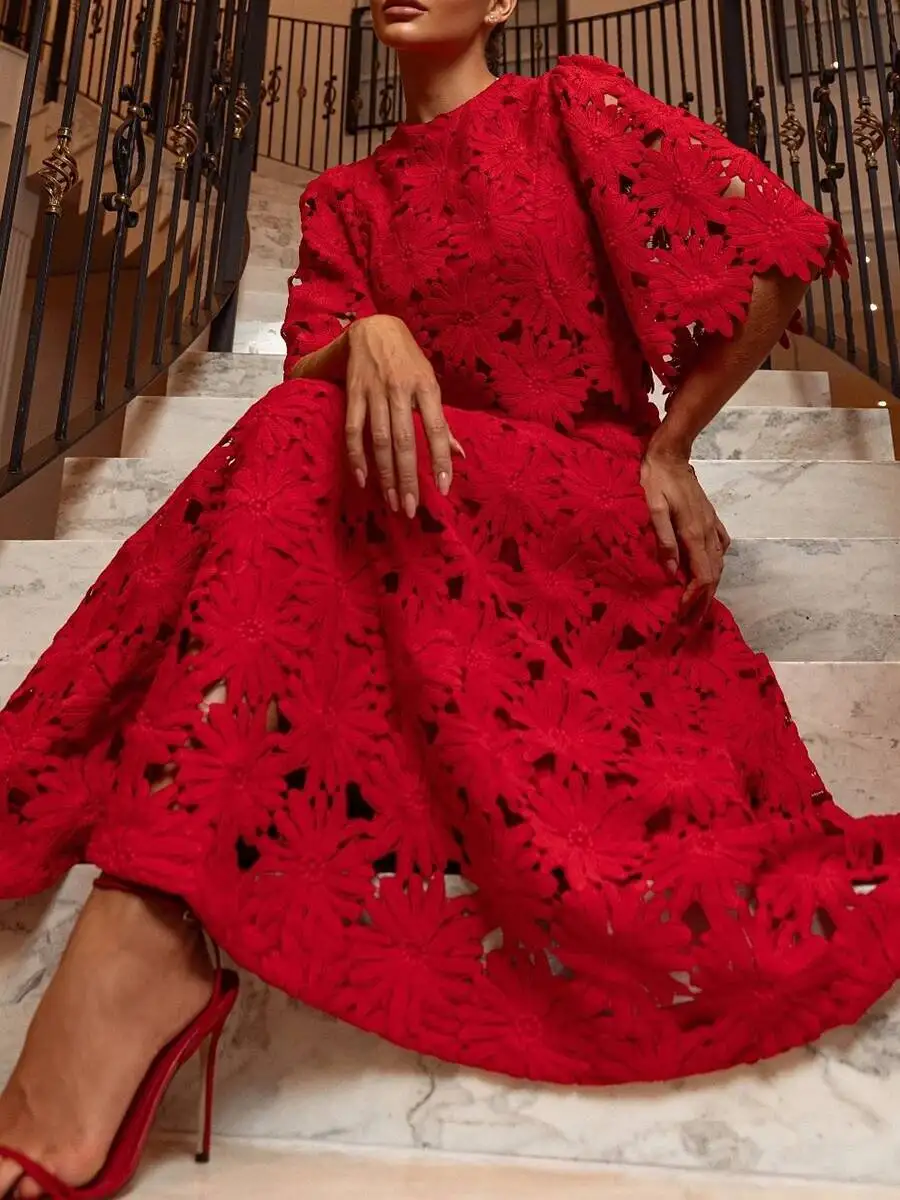 Stickerei Zwei Stück Set Frauen O Neck Batwing Sleeve Top Hohe Taille Aushöhlen EINE Linie Langen Rock Eleganten Anzug Weibliche Neue LS6Z Image