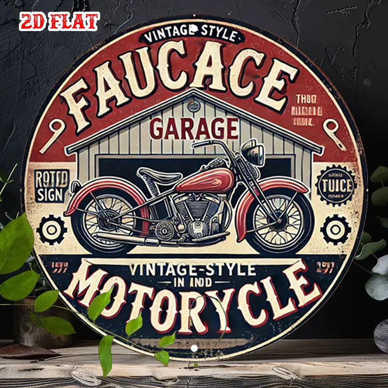 [2D Flat] 1 Stück Vintage-Motorrad-Garagen-Wandkunst – Retro 1950–1960 Jahre inspirierte Garagendekoration mit Rot und Motorrad, langlebig Image