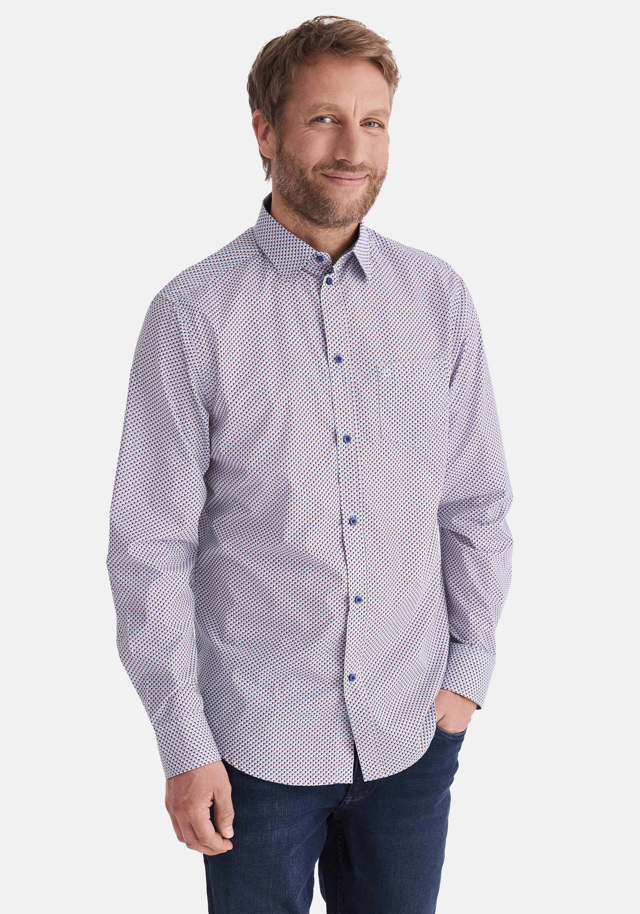Langarmhemd STOOKER MEN "HUGH Hemd Langarm Regular Fit", Herren, Gr. XL, US-Größen, blau geometric, Stoff, 60% Baumwolle, 40% Polyester, regular fit, Hemden, Langarm Hemd Regular Fit für Herren