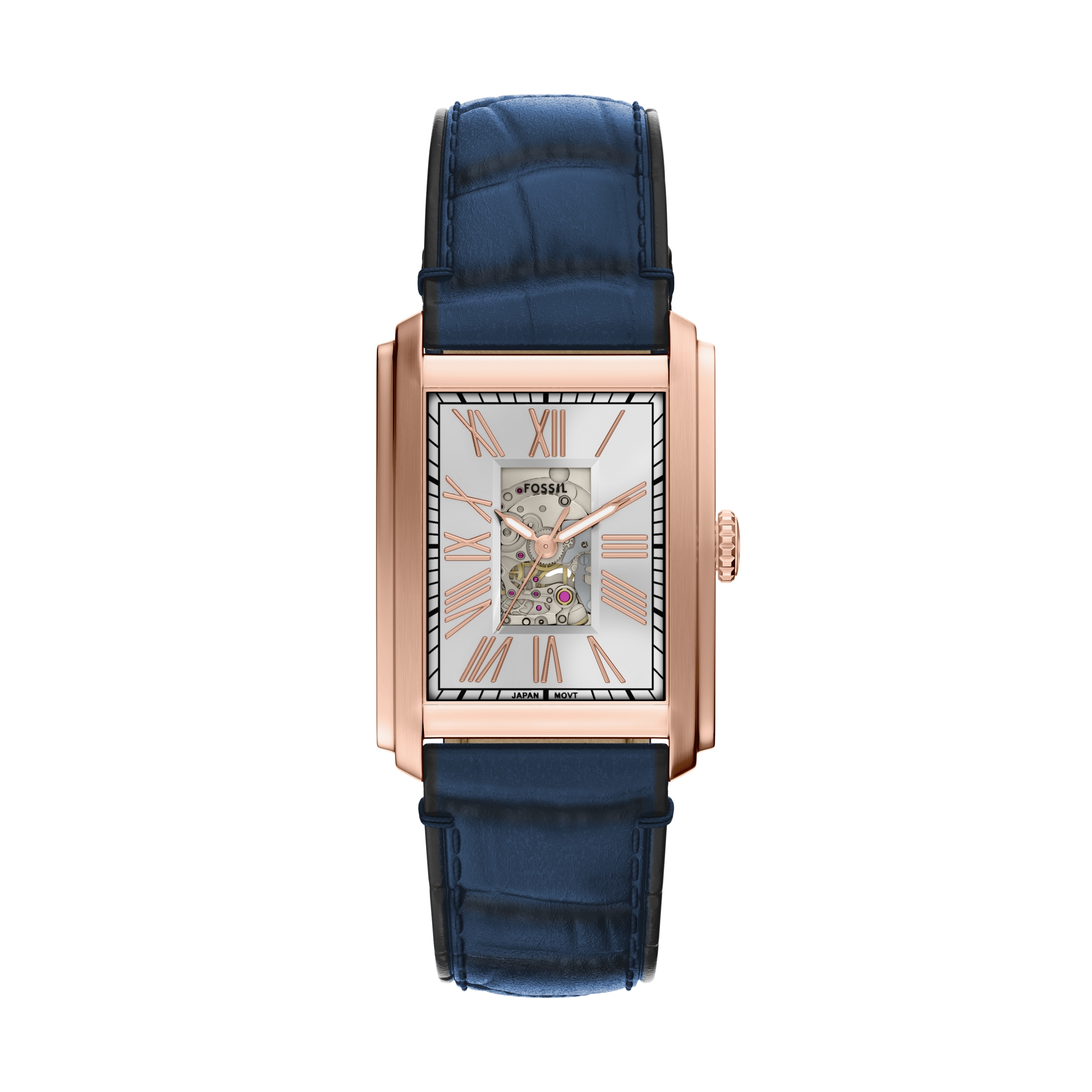 Automatikuhr FOSSIL "CARRAWAY", blau, rosegoldfarben, Armbanduhren, Damen, Automatikuhr, Armbanduhr, Herrenuhr, Mechanische Uhr, Lederarmband, analog