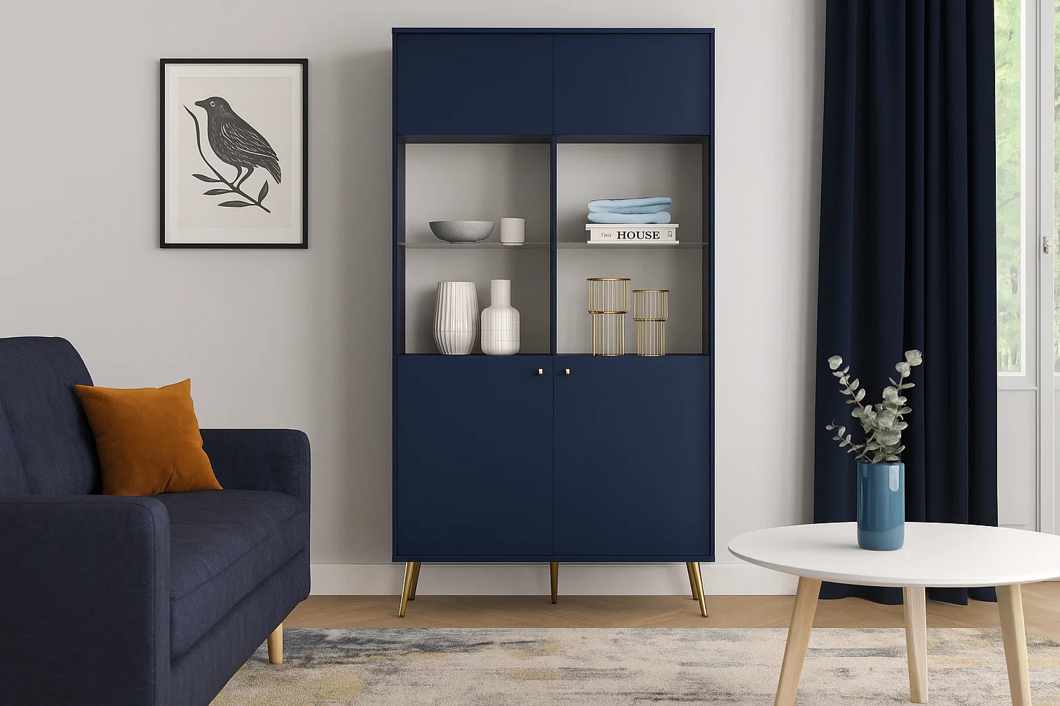 Vitrine HOME AFFAIRE "ROMILDA Glasvitrine mit viel Stauraum, Maße B/T/H: 105/40/191 cm", dunkelblau, B:105,5cm H:191,5cm T:40,5cm, Glas, Melamin, Schränke, Vitrine, Vitrinenschrank, Standvitrine mit 2 Türen, 10 Fächer