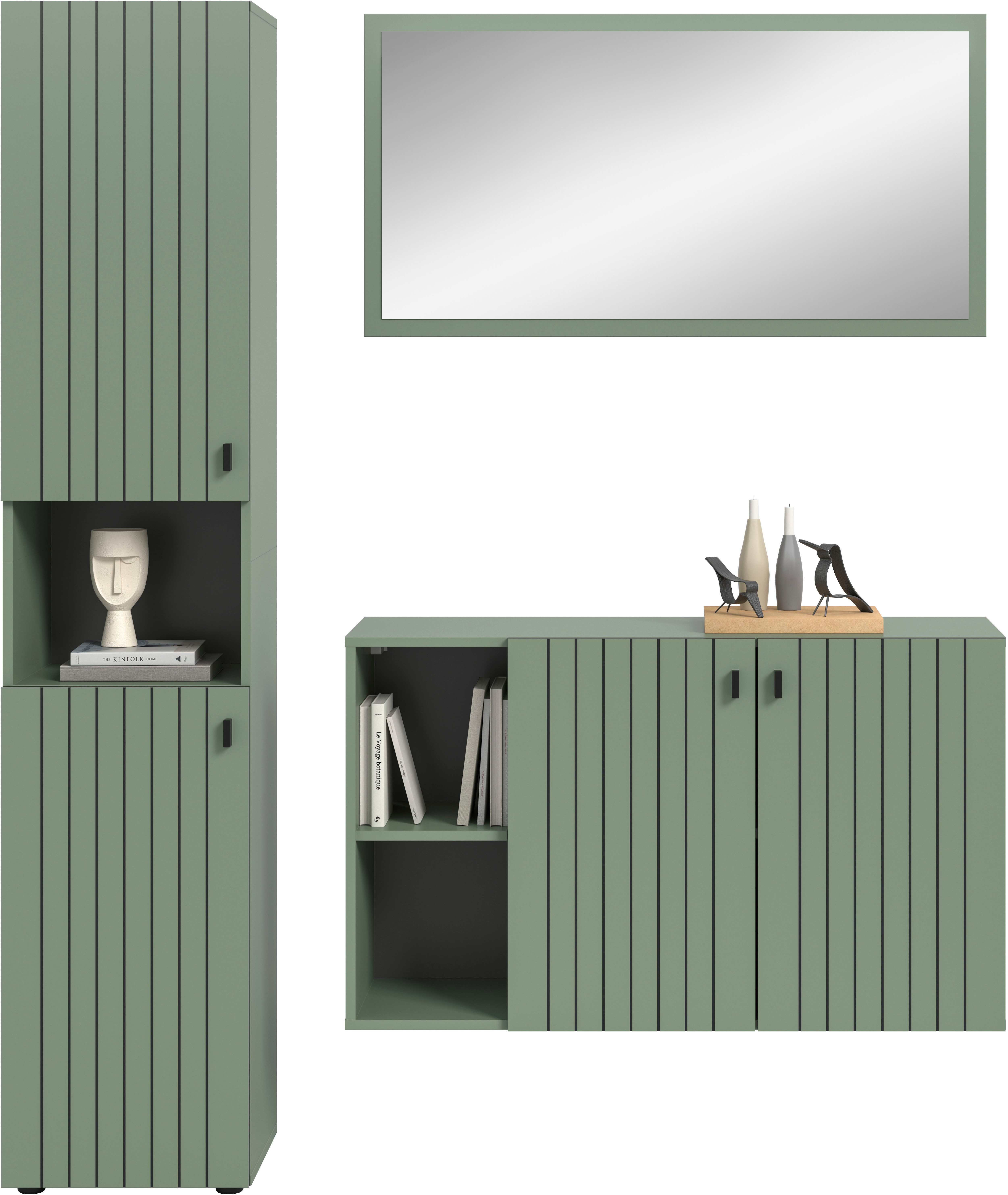 Garderoben-Set HOME AFFAIRE "TATIO, 3-tlg. Garderobenkombination, Breite: 161 cm, Rillenfräsung", smoke grün nachbildung, B:161cm H:192cm T:37cm, Holzwerkstoff, Kastenmöbel-Sets, Garderobenkombination, Kombi, Flur-Möbel, Spiegel,Schuhkommode Image