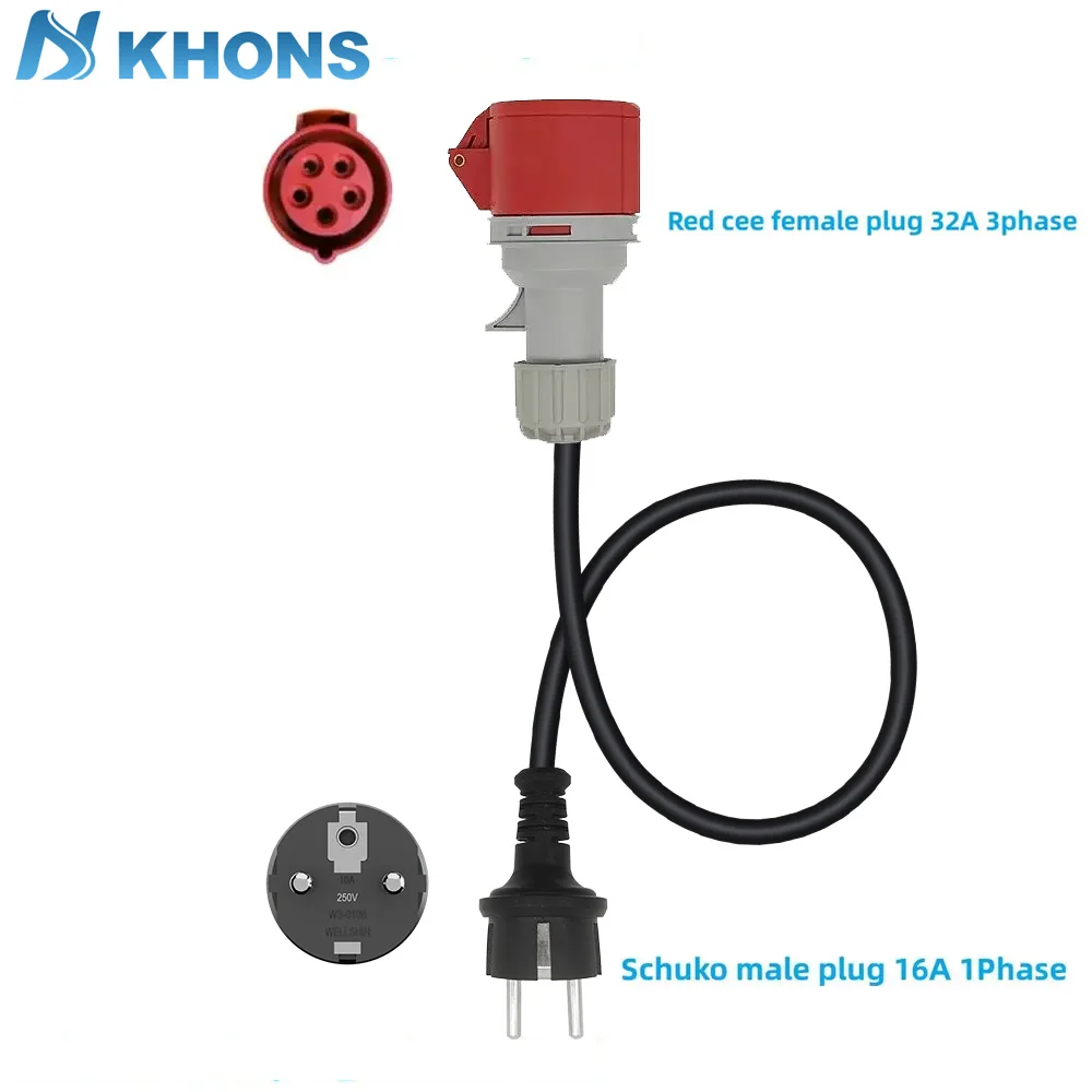Khons EV Tragbares Ladegerät Schuko-Stecker auf CEE Red Power Buchse Steckdosenadapter Blau CEE-Verbindung mit 32A 16A 3Phase 22KW 11KW Image