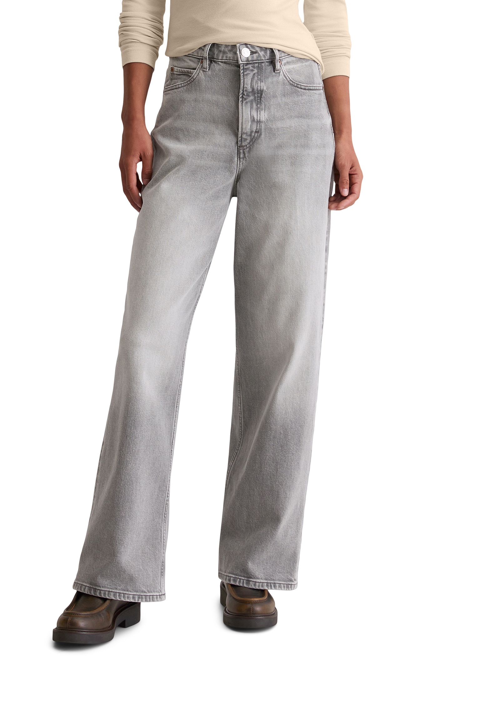 Weite Jeans MARC O'POLO "aus Organic-Cotton-Mix-Stretch", Damen, Gr. 27, Länge 32, medium grau, Obermaterial: 79% Baumwolle, 20% Viskose, 1% Elasthan, unifarben, weit knöchelfrei, Jeans