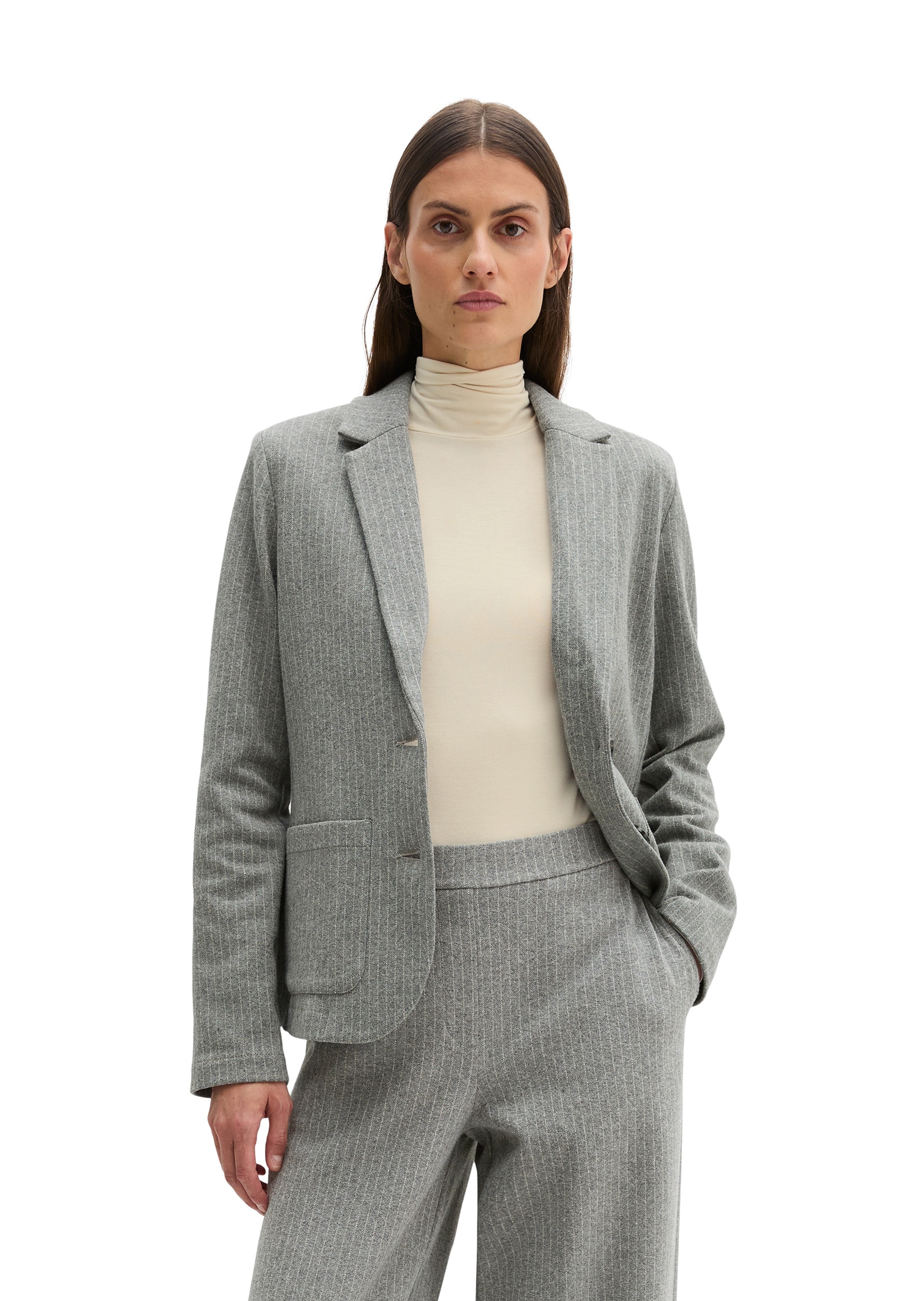 Jerseyblazer MARC O'POLO "aus Organic-Cotton-Mix", Damen, Gr. 46, light grau, Jersey, Obermaterial: 91% Baumwolle, 8% Polyester, 1% Elasthan, gestreift, regular fit normal, normaler Saum, Blazer