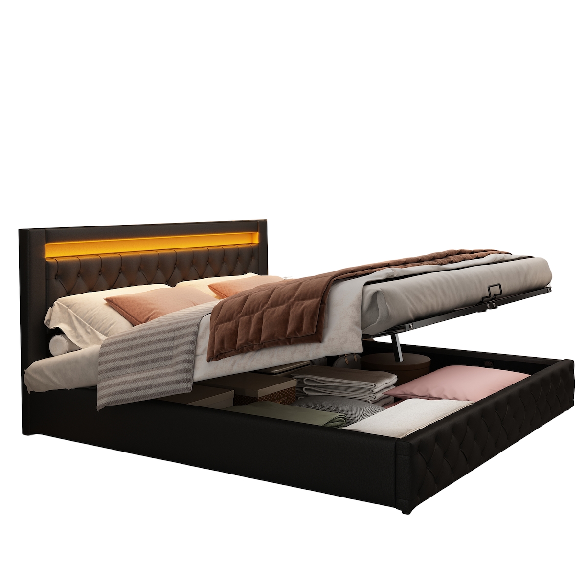 Polsterbett 140x200 mit Stauraum und LED-Beleuchtung – klassisches Design, PU-Bezug, Lattenrost inklusive, Schwarz Image