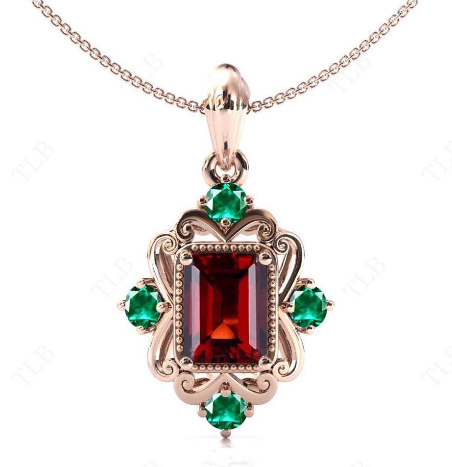 Ciondolo in granato taglio smeraldo per donna, ciondolo in filigrana in oro rosa, ciondolo in smeraldo unico, ciondolo in granato in oro 14k, regalo d