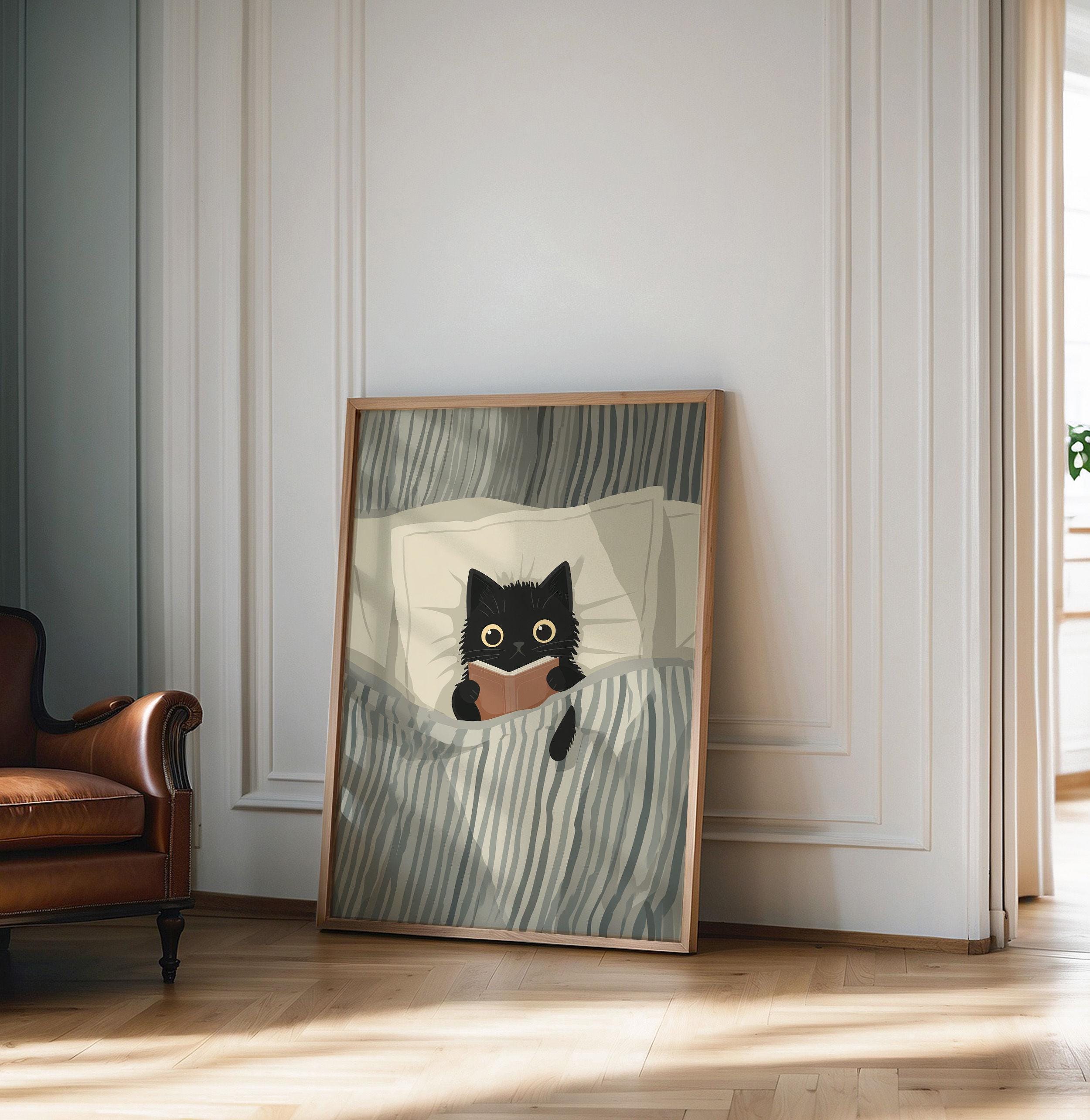 Stampa di gatto che legge, arte murale di gatto nero, poster accogliente per camera da letto, illustrazione di gatto amante dei libri, stampa di gatto