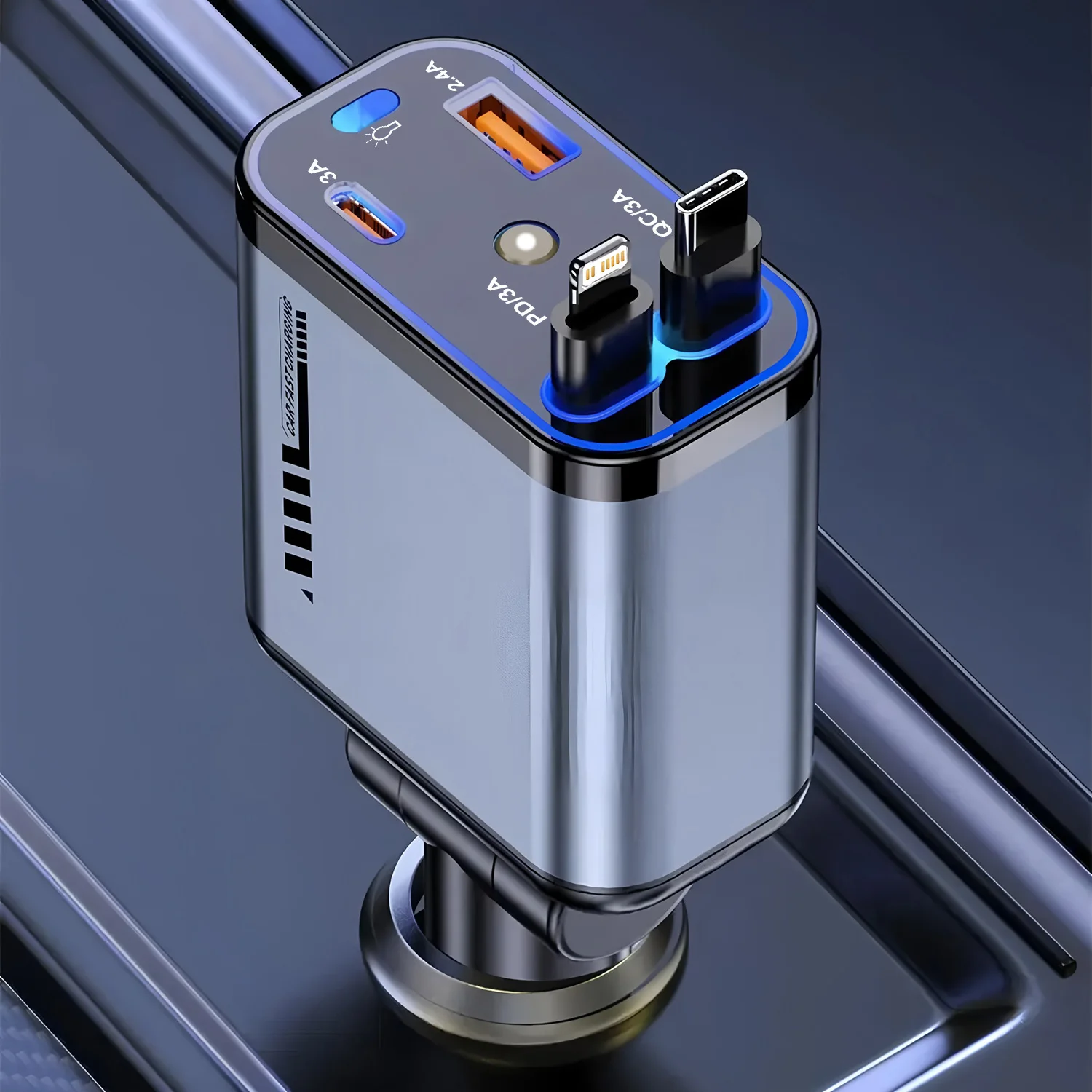 4 IN 1 Car Phone Charger Type C Charging Cable with Retractable Cords For IPhone Huawei Samsung Smartphone Phone Charger