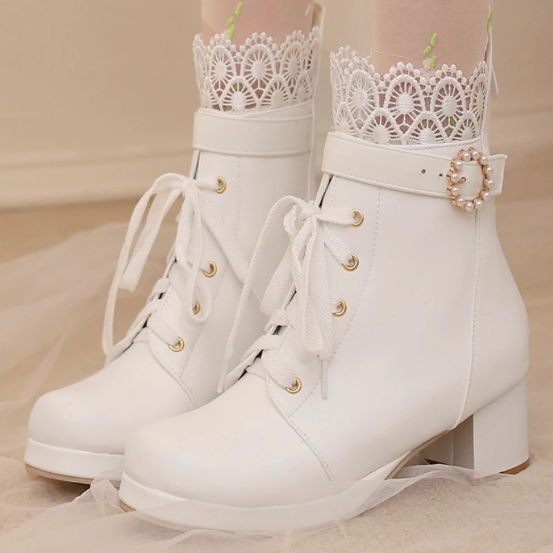 Weiße Stiefeletten für Damen, Herbst und Winter, 2024, Schwarz, Rosa, kurze Stiefel, niedrige Absätze, süße Lolitas-Schuhe, Mädchen, wasserdicht, große Größe