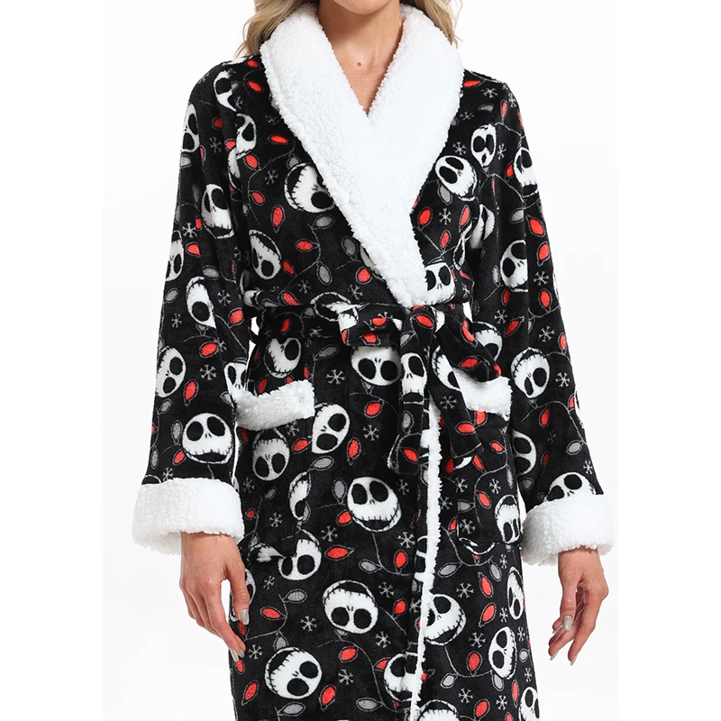Winter Flanell Weibliche Robe Kimono Kleid Halloween Schädel Bademantel Verdicken Warme Korallen Fleece Bademantel Loungewear Lose Nachtwäsche Image