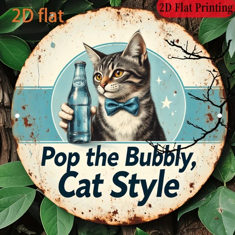 2D flach – 1 Stück, 20,32 x 20,32 cm, rundes 2D-Aluminiumschild, Vintage-Katzengetränk-Aluminiumschild über „Pop The Bubbly, Cat Style“, Cat T