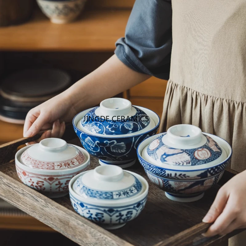 Japanese Style Ceramic Covered Bowl Rice/Dessert/Soup Bowl Kitchen Tableware Accessories Circular Bowl with Lid Household Items