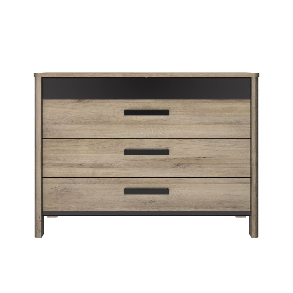 Commode 4 tiroirs effet bois chêne clair avec finition laquée noire