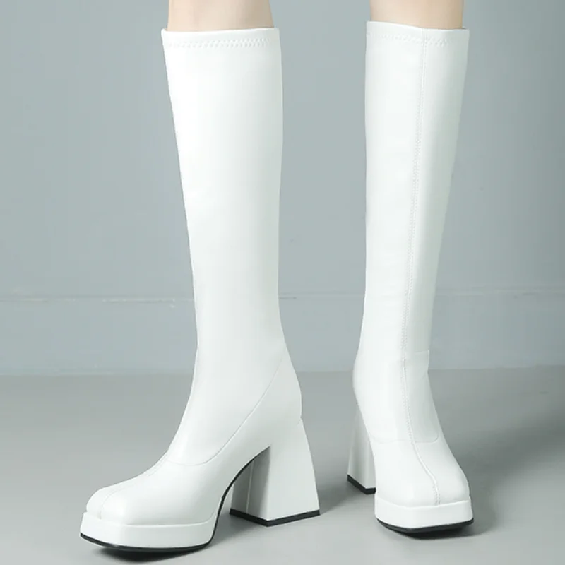 Schwarz Weiß Braun Kniehohe Stiefel Damen Plateau Winterschuhe Damen Neu 2024 Elegante Damen Lange Schuhe Stiefel Große Größe 45