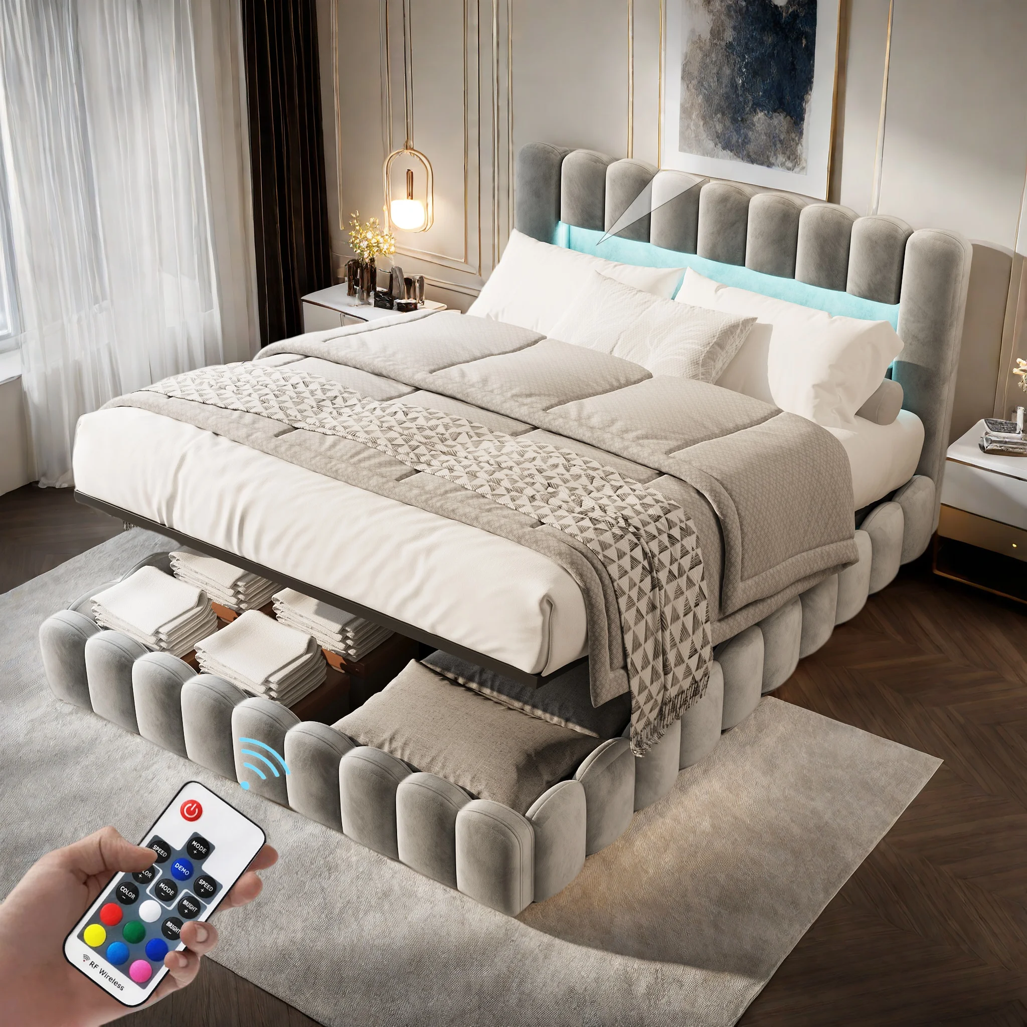 Fangange Polsterbett, 140/160/180 x 200 cm, eingebettete Matratze, Doppelbett mit weicher Rückenlehne, Kopfteil mit LED/USB-Anschluss, keine Matratze Image