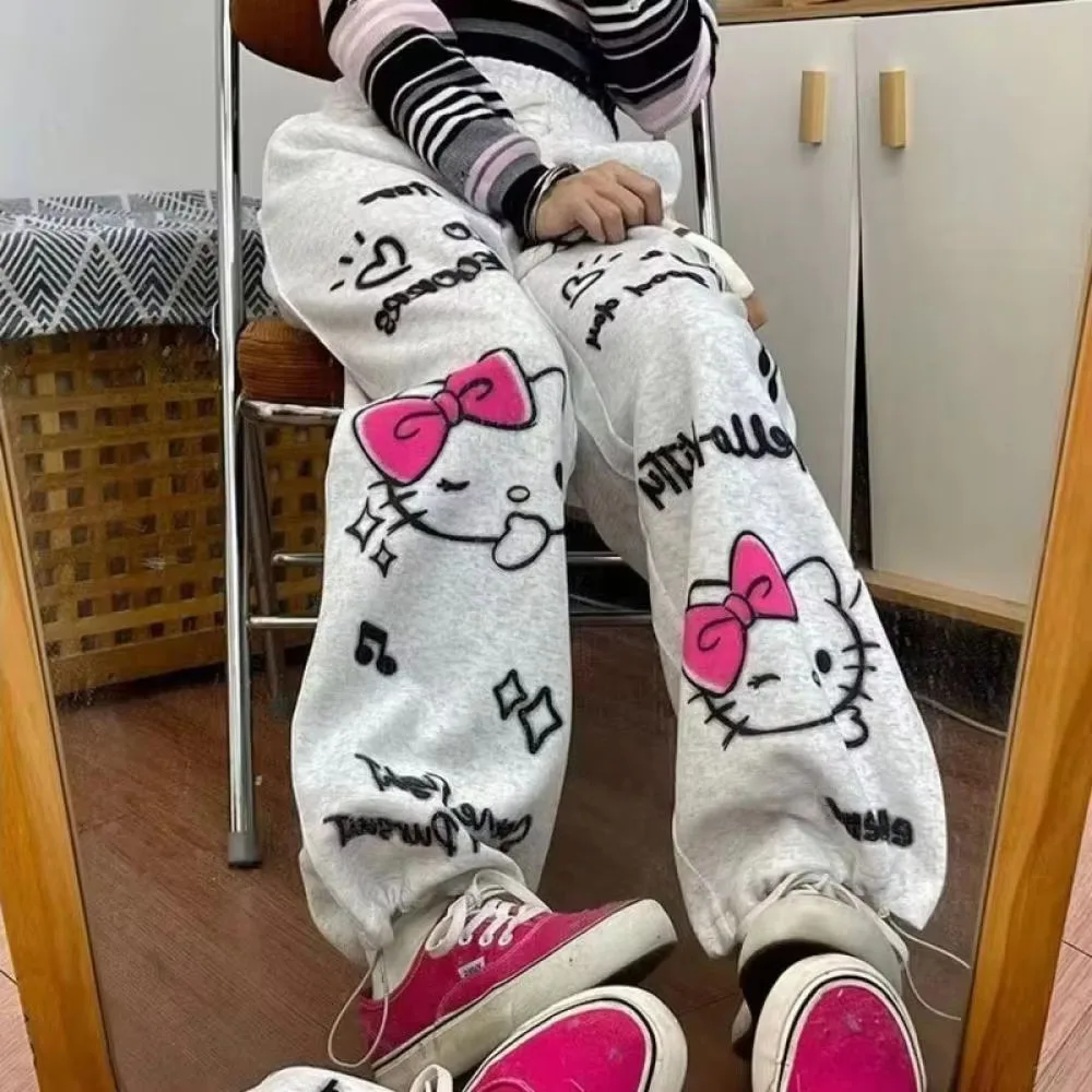 Sanrio Hello Kitty Jogginghose Damen Frühling Herbst Graffiti Print Lässige Lose Weite Beinhose Y2K Mädchen Graue Hose Streetwear