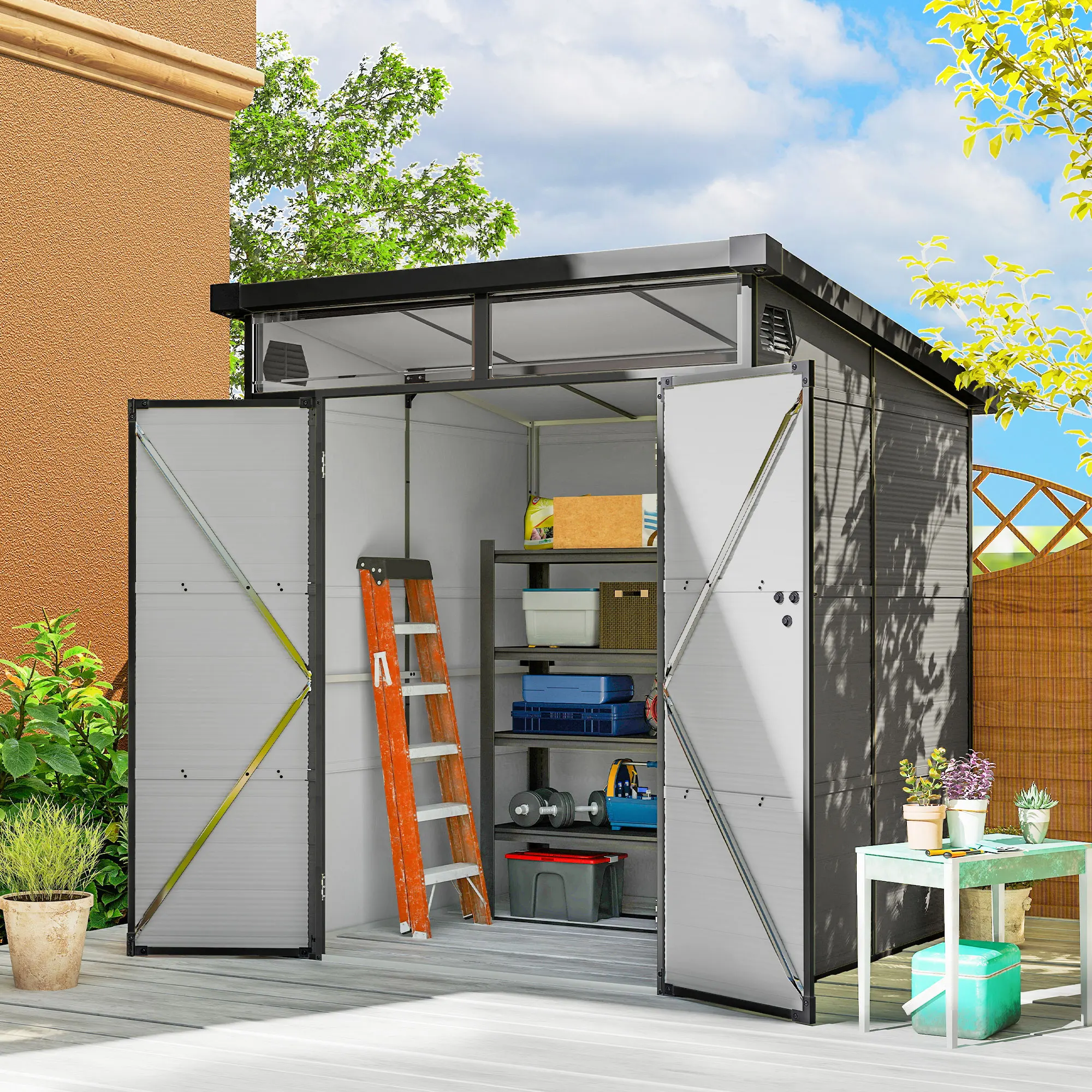 Outsunny Casetta da Giardino 3.24 m² in Resina e Alluminio con 2 Prese d'Aria e 2 Finestre Trasparenti, Capanno Porta Attrezzi con Tetto Inclinato, Porte Bloccabili, 190x191x215 cm, Grigio Chiaro