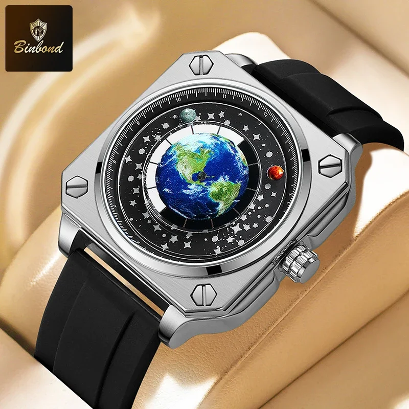 BINBOND Erduhr für Herren, rotierendes Erdzifferblatt, neues Konzept, kreativer blauer Planet, nicht mechanischer Zeiger, Silikonband, Herrenuhr Image