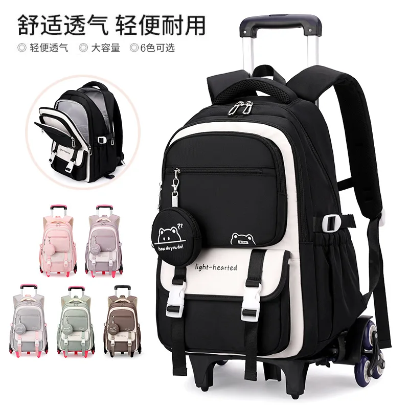 Sacs à dos roulants coréens pour filles, sac à dos d'école à roulettes pour filles, sac à dos de bagages sur roulettes pour enfants, sacs d'école à roulettes