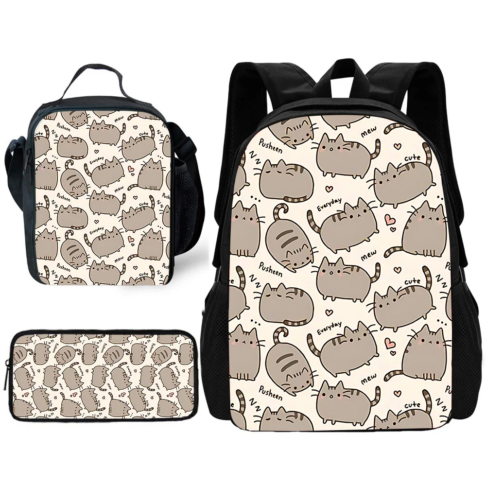 Sac à dos d'école pour enfants, dessin animé Kawaii Pusheens chats avec sacs à déjeuner, sacs à crayons, sacs d'école pour garçons et filles, meilleur cadeau
