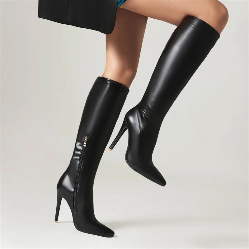 Mode Kniehohe Stiefel Frauen Herbst Winter Lange Stiefel Punkt Kappe Schwarz Weiß Mit Hohen Absätzen Reitstiefel Schuhe Party Schuhe Damen