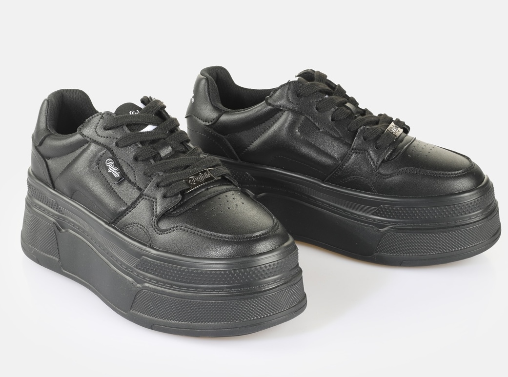 Plateausneaker BUFFALO "BESU VEGAN", Damen, Gr. 40, schwarz, Lederimitat, Schuhe Plateausneaker, Streetwear-Sneaker, Schnürschuh, Halbschuh mit Memory Foam-Innensohle