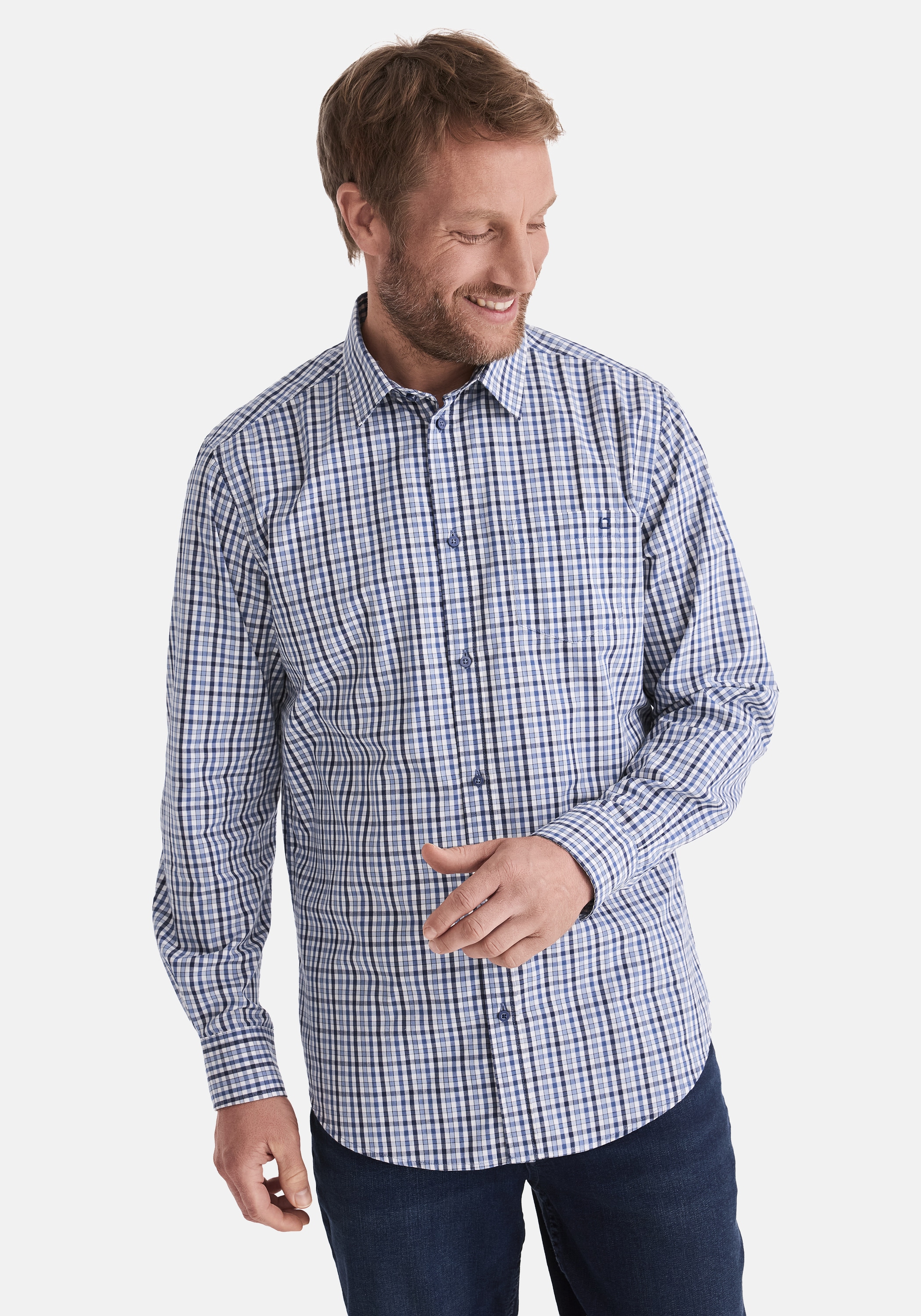 Langarmhemd STOOKER MEN "HUGH Hemd Langarm Regular Fit", Herren, Gr. 3XL, US-Größen, blau check, Web, 60% Baumwolle, 40% Polyester, regular fit, Hemden, Langarm Hemd Regular Fit für Herren