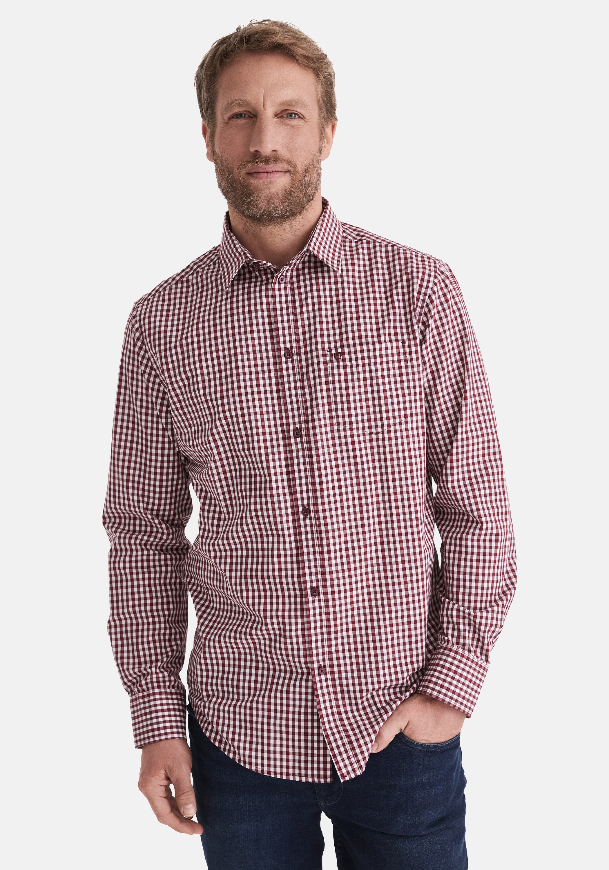 Langarmhemd STOOKER MEN "HUGH Hemd Langarm Regular Fit", Herren, Gr. M, US-Größen, bordeaux check, Web, 60% Baumwolle, 40% Polyester, regular fit, Hemden, Langarm Hemd Regular Fit für Herren