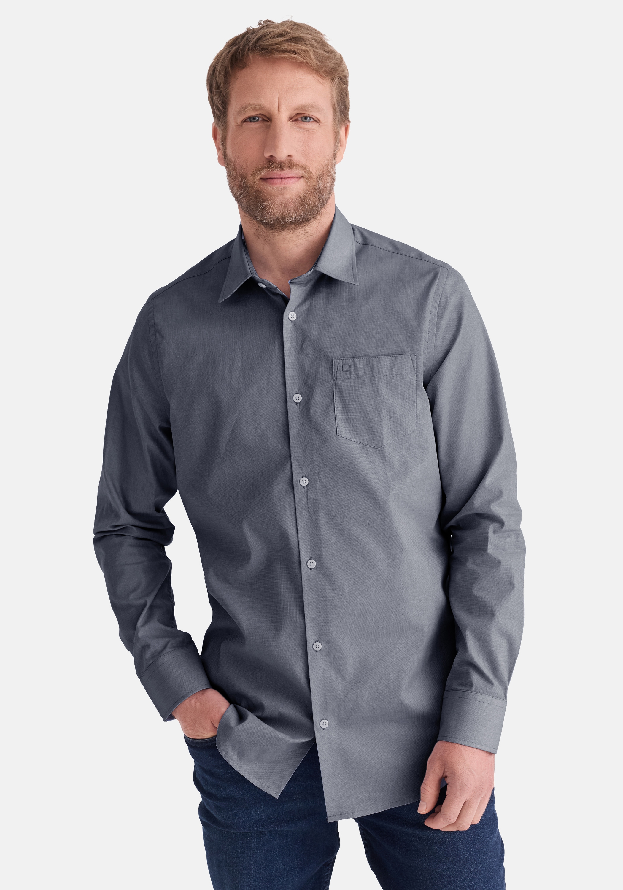Langarmhemd STOOKER MEN "HUGH Hemd Langarm Regular Fit", Herren, Gr. XL, US-Größen, silbergrau, Stoff, 60% Baumwolle, 40% Polyester, regular fit, Hemden, Langarm Hemd Regular Fit für Herren
