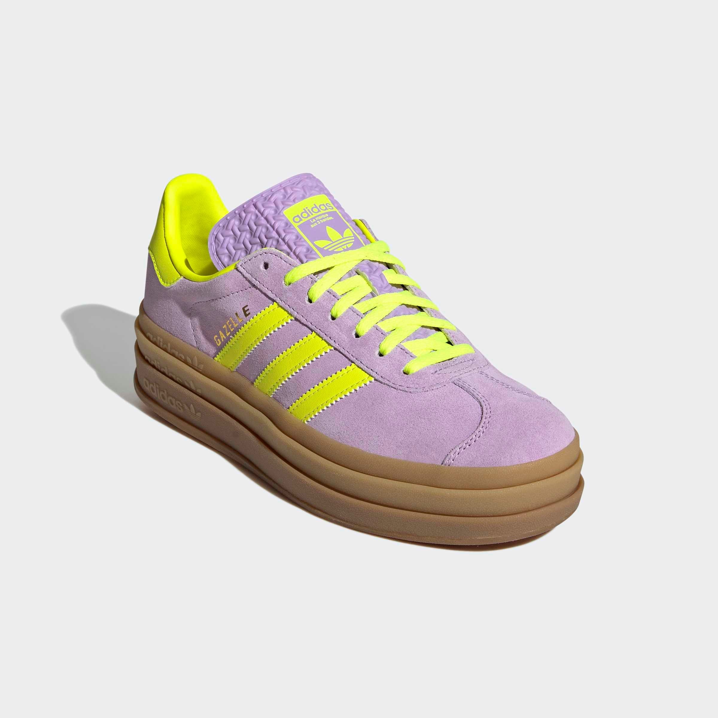 Sneaker ADIDAS ORIGINALS "GAZELLE BOLD", Damen, Gr. 36, powder plum, solar gelb, gold metallic, Leder, Synthetik, Schuhe Sneaker