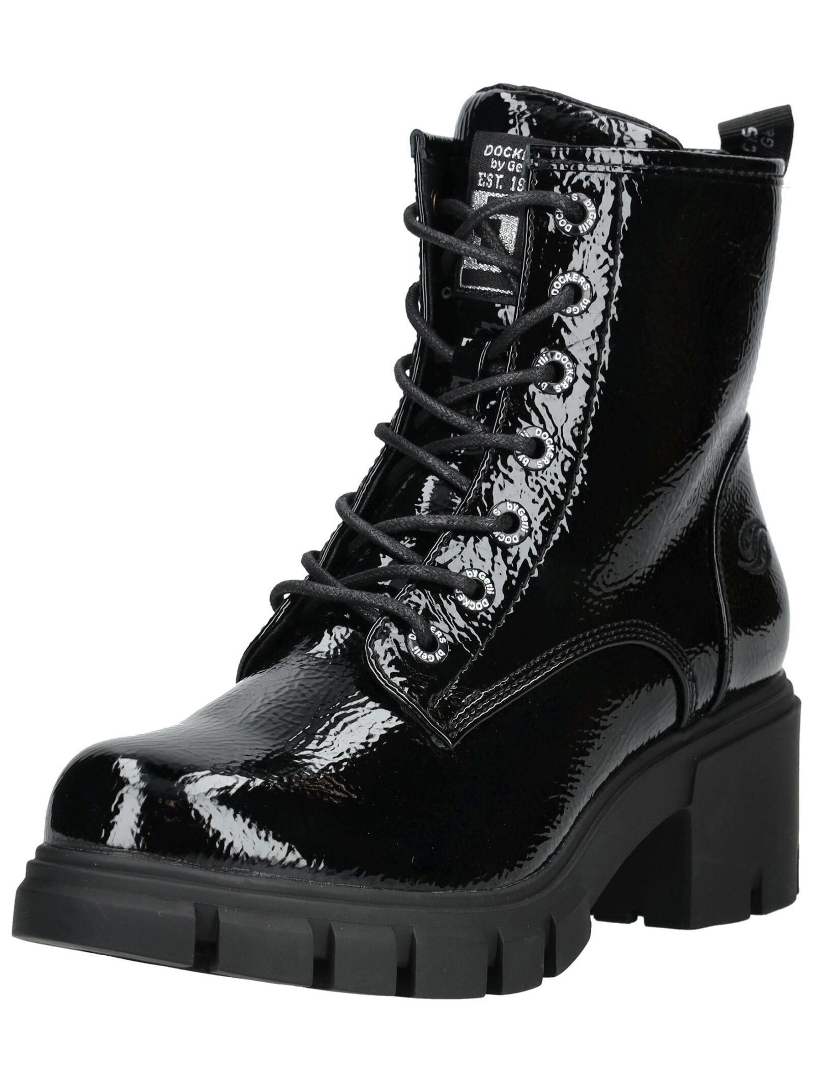 Schnürstiefelette DOCKERS BY GERLI "Dockers by Gerli Stiefelette Lederimitat", Damen, Gr. 37, schwarz lack, Lederimitat, Schuhe Schnürstiefelette
