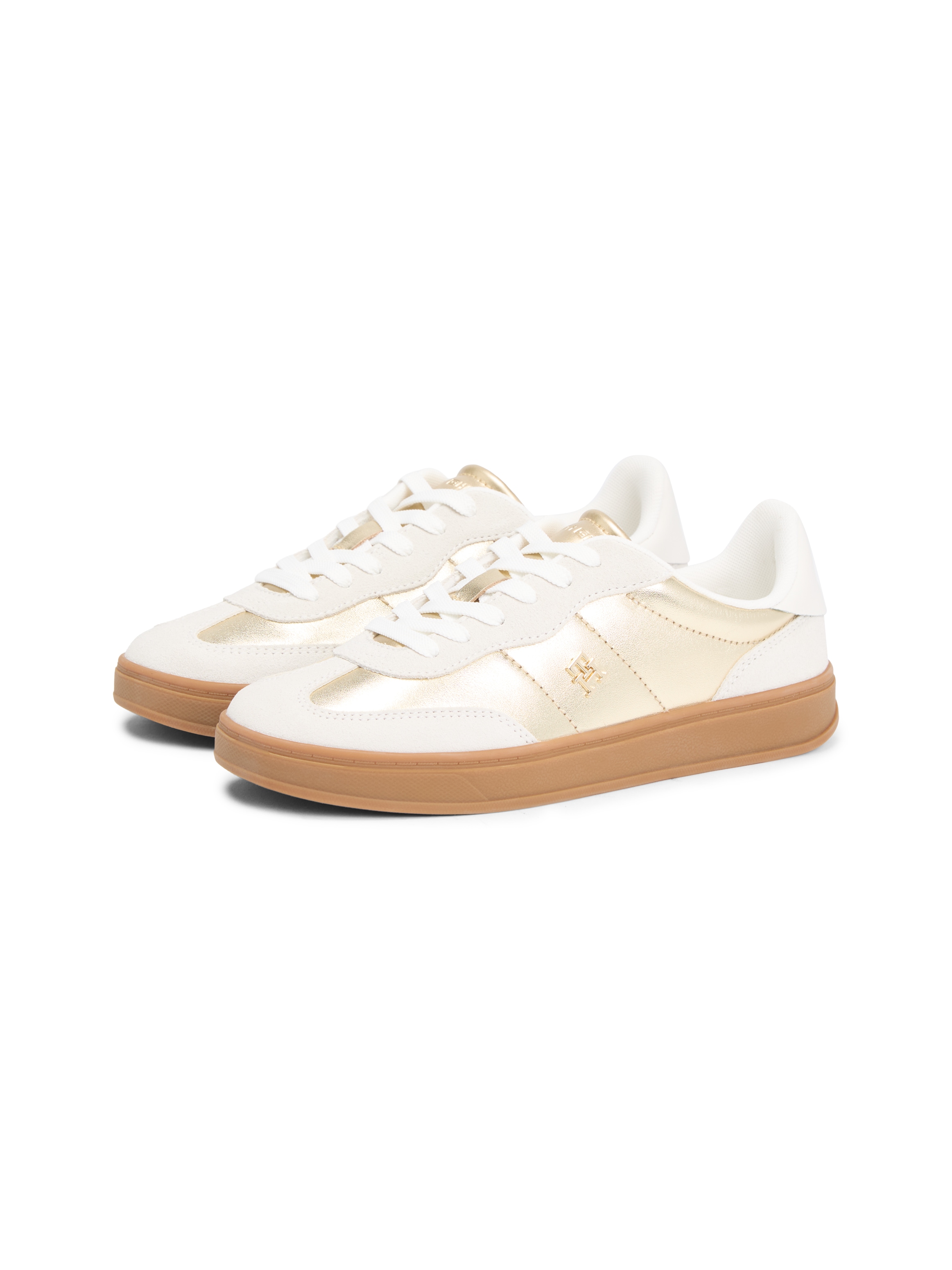 Plateausneaker TOMMY HILFIGER "MU JACKIE METALLIC", Damen, Gr. 36, weiß, goldfarben, Leder, Schuhe Plateausneaker, Freizeitschuh, Halbschuh, Schnürschuh im glänzenden Metallic-Look