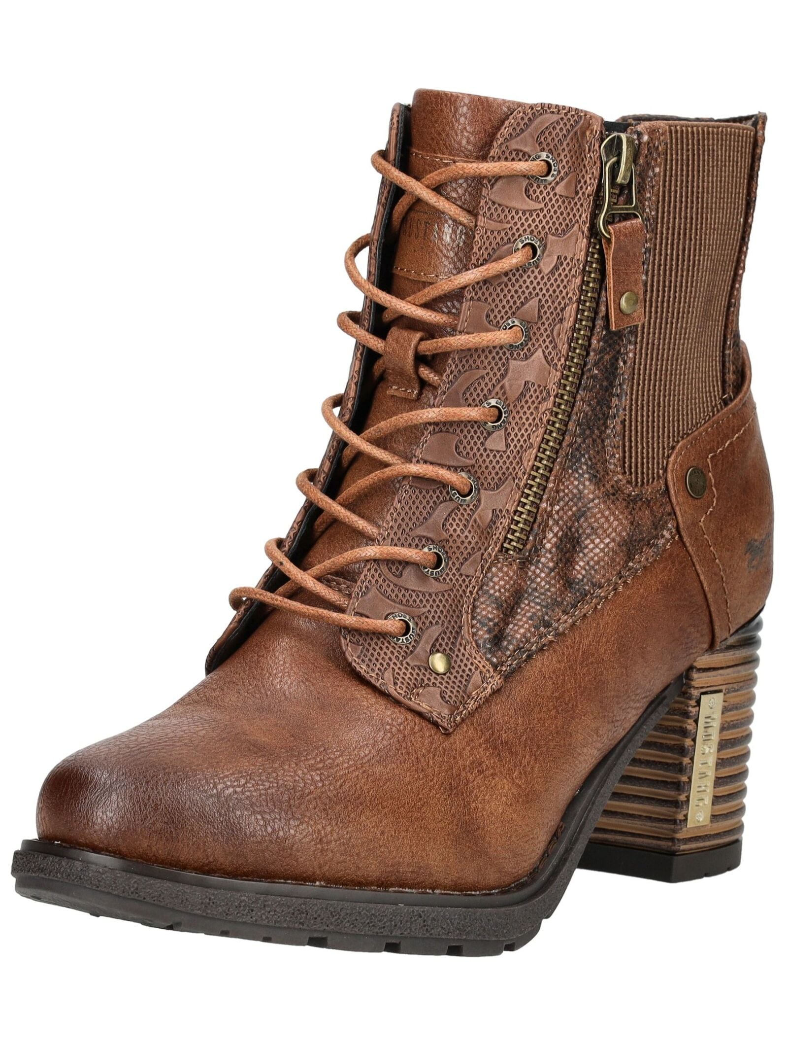 High-Heel-Stiefelette MUSTANG SHOES "Mustang Shoes Stiefelette Lederimitat/Textil", Damen, Gr. 39, braun, Lederimitat, Textil, Schuhe