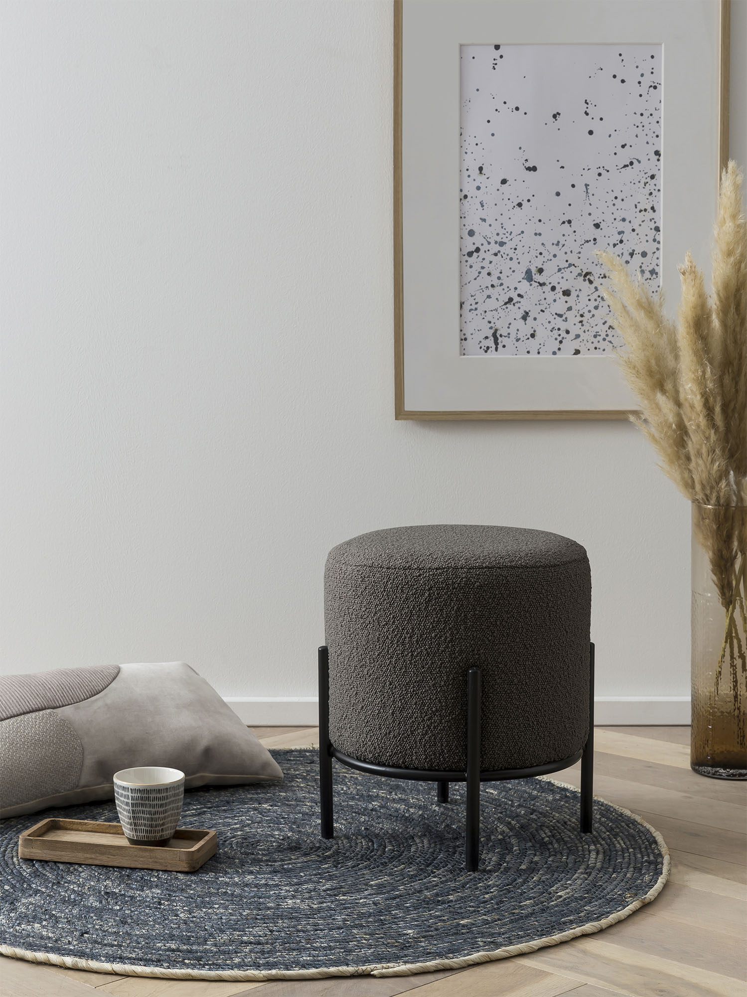 Polsterhocker SALESFEVER "Komfortabler Polsterhocker", schwarz (anthrazit, schwarz), B:35cm H:38cm T:35cm, Bouclé Stoff (100% Polyester), Metall, Hocker, Polsterhocker, mit Design-Gestell aus schwarzem Metall