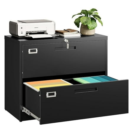 2 Drawer Lateral File Cabinet with Lock Black Lateral Filing Cabinet Horizontal Metal Filing Cabinets Locked Wide Two Drawer File Cabinets for Office Home Fit A4/F4/Letter/Legal File