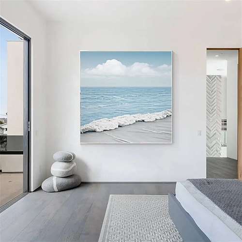Großes abstraktes Gemälde eines blauen Ozeans, hellblaue abstrakte Ozeankunst, Ozeanwellen-Leinwandgemälde, weiße strukturierte Wandkunst, Ozeanwellen-Wandkunst Image