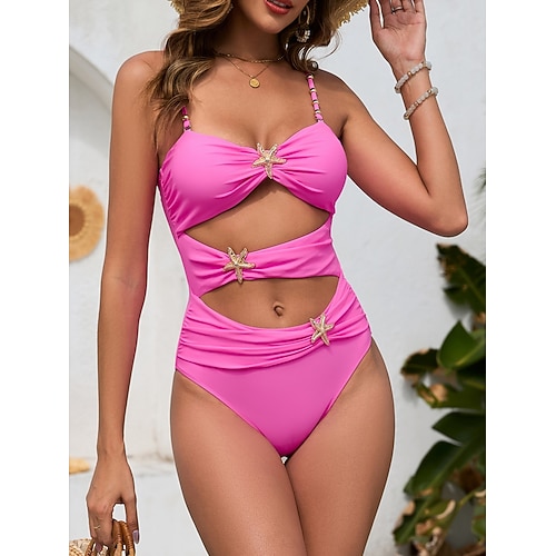 Damen Einteiler Badeanzug Raffung Sexy Cutout Monokini Hohe Taille Bauchkontrolle Hohe Taille Schlank Rückenfrei Urlaub Strandbekleidung Farbblock V-Ausschnitt Ärmellose Bademode Image