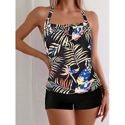Damen Tankini 2 teiliges Badeanzug Palm Shorts Bauchkontrolle Hohe Taille Slim Rückenfrei Urlaub Strandbekleidung mit Floral Rundhals Ärmelloses Badeanzug Image