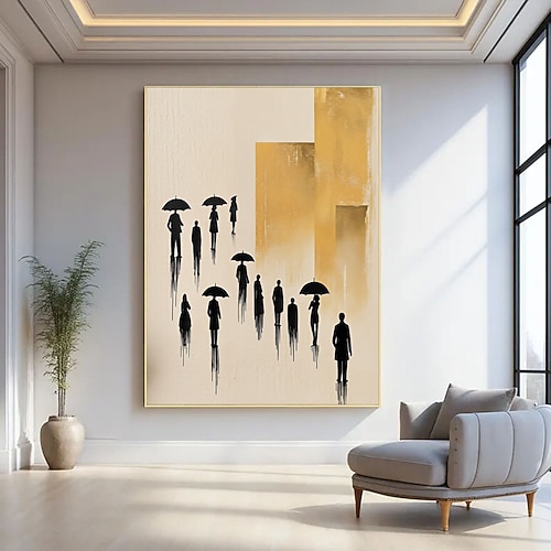 Neues, handgemaltes, hochwertiges Ölgemälde mit Goldfolienprägung auf Leinwand: abstrakte Stadtansicht mit Menschen im Regen – moderne Wanddekoration für Zuhause. Image