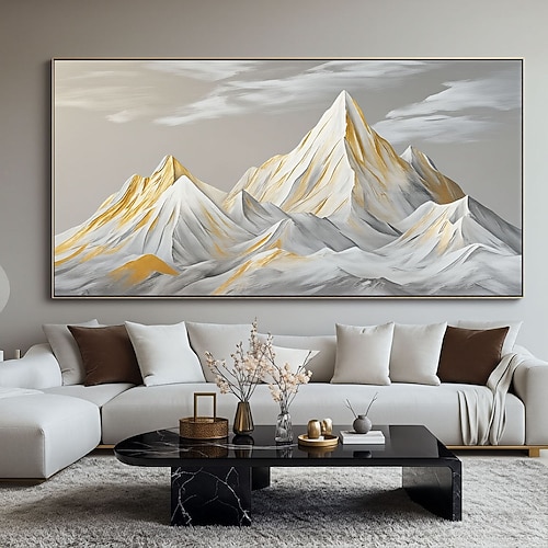 Ölgemälde, handgemalt, weißer Schneeberg, Wandkunst auf Leinwand, Blattgoldstruktur, abstrakte Landschaftsmalerei, Wabi-Sabi-Wandkunst, minimalistische spirituelle Dekoration Image