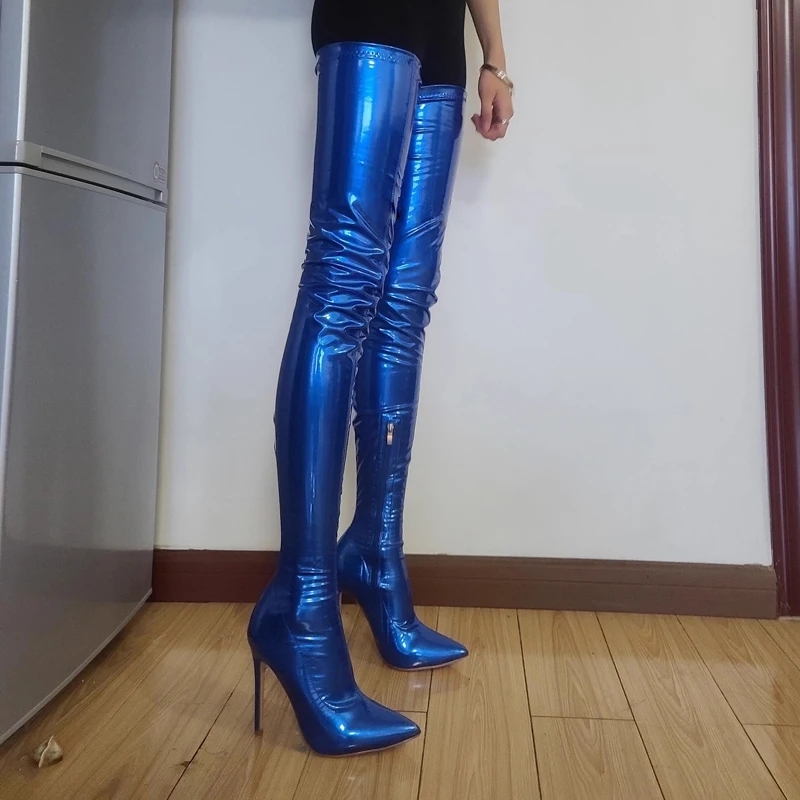 Sexy Stretch-Slip-On-Schatz, blaue Lackleder-Oberschenkelstiefel, dünne High Heels, spitze Zehen, Performance-Overknee-Stiefel für Damen