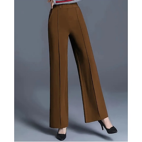 Damen Weites Bein Chinos Streetwear Lässig Volle Länge Mittlere Taillenlinie Einfach Elastischer Bund Bequem Dehnbar Täglich Urlaub Dunkelbraun Schwarz Weiß Wein Sommer Frühling Lässiger Schnitt Image