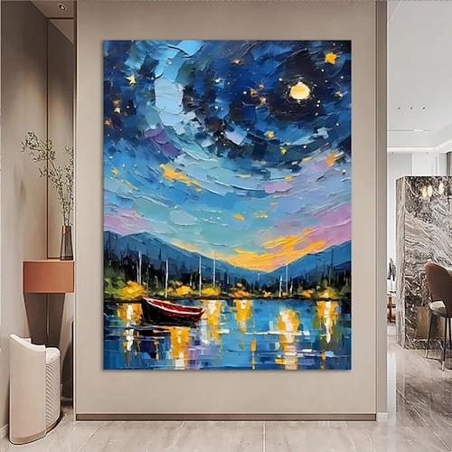 Handgemaltes Ölgemälde auf Leinwand, abstrakte Wanddekoration, mit dem Messer gezeichnet, Sterne, Meer, kleines Boot, Landschaft, Wohnzimmer, Eingangsbereich, Heimdekoration, gerollt, rahmenlos, Image
