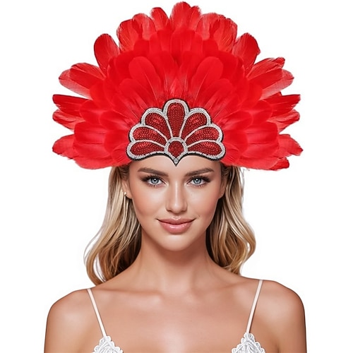 Rio Carnival Samba Accessoires Roter und schwarzer Federkopfschmuck für Frauen - Pailletten Strass Showgirl Kostüm Haarschmuck - Mardi Gras Festival Tanz Accessoire Brasilien Festival Auftritt Kostüm