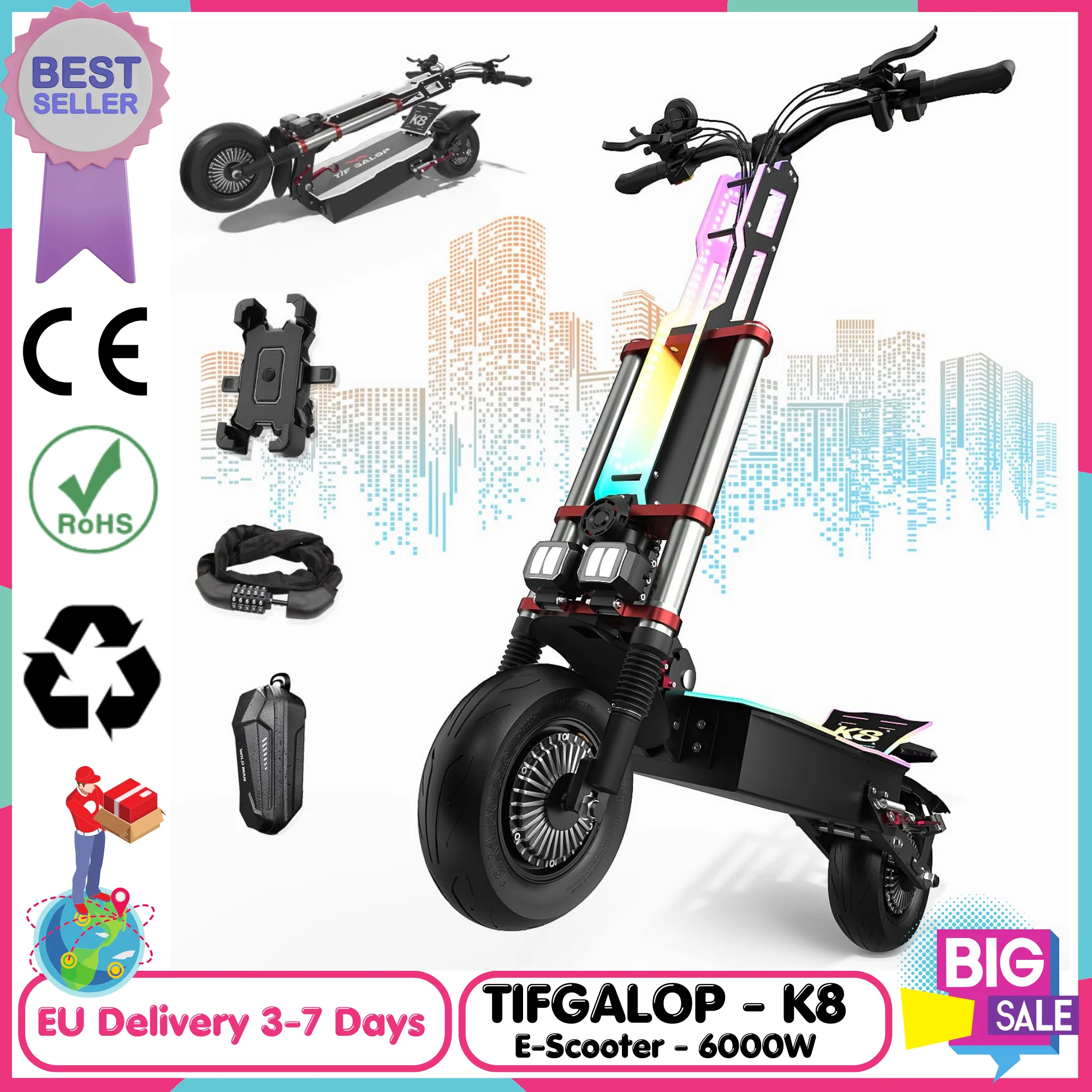 TIFGALOP Elektroroller, 6000 W Motor, 60 V 38 Ah Lithiumbatterie, 100 km Reichweite, 12-Zoll-Reifen. Image