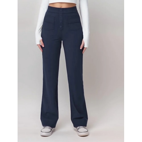 Damen Chinos Gerade Mode Streetwear Lässig Volle Länge Hohe Taille Einfach Tasche Bequem Weich Mikroelastisch Outdoor Straße Hellgrau Schwarz Weiß Dunkelmarine Frühling Herbst Normale Passform Image