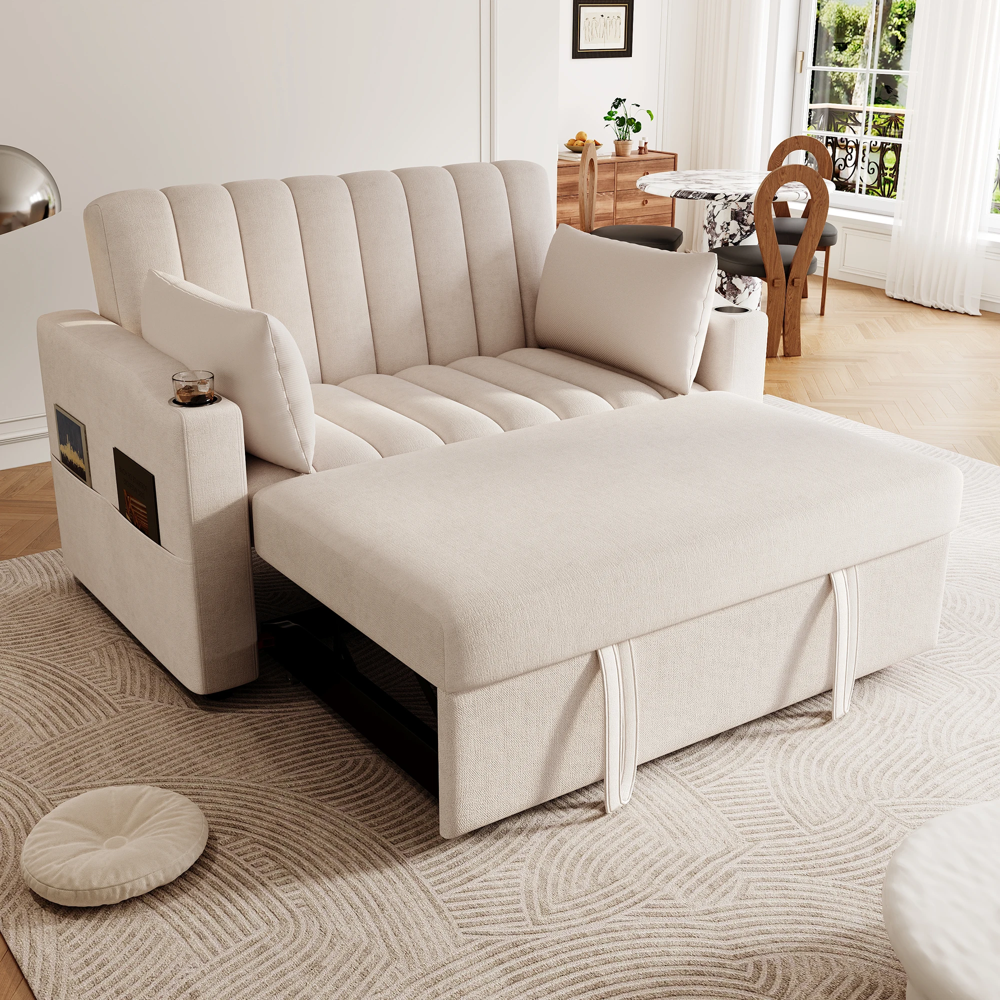 Multifunktions-Schlafcouch mit Schlaffunktion & verstellbarer Rückenlehne, Zweisitzer-Sofa mit Getränkehalter & Kissen, Beige